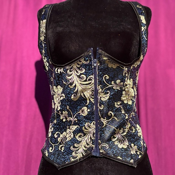Charmian Tops - Navy and Gold Brocade Underbust Corset w/ Added Front Zipper Closure